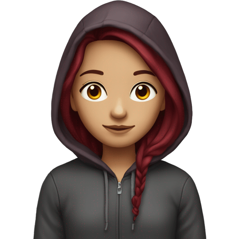 pretty girl with very long burgundy hair with a hoodie emoji