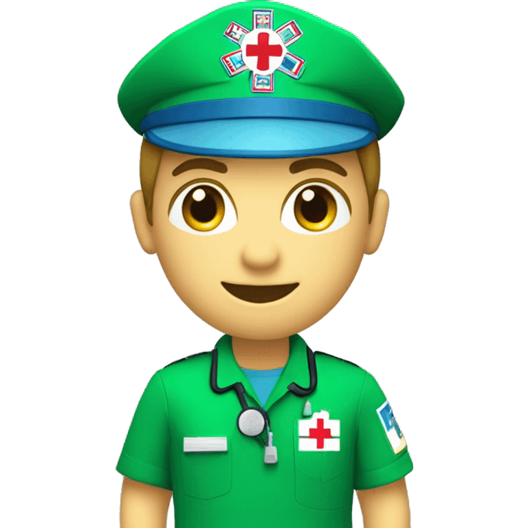 Paramedic, short sleeve green shirt, NHS logo, ambulance crest on shirt emoji