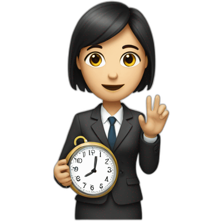 a women in a suit holding a clock in his right hand emoji