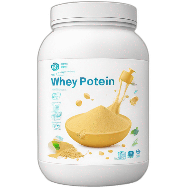 Whey protein with logo on it and ingredients  emoji