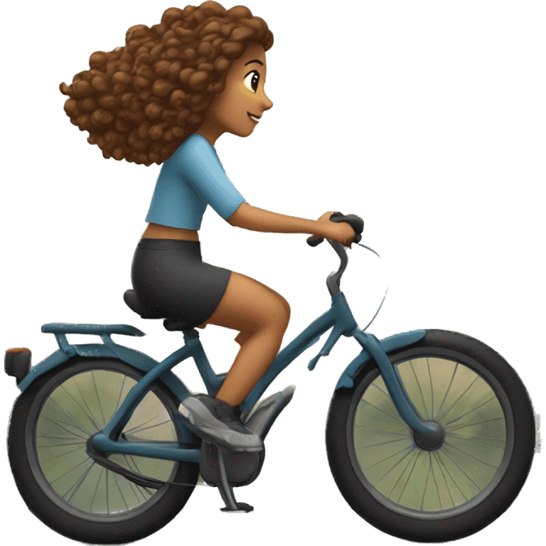 Fair looking girl with curly brown hair riding bicycle early in the morning with mountain in the background emoji