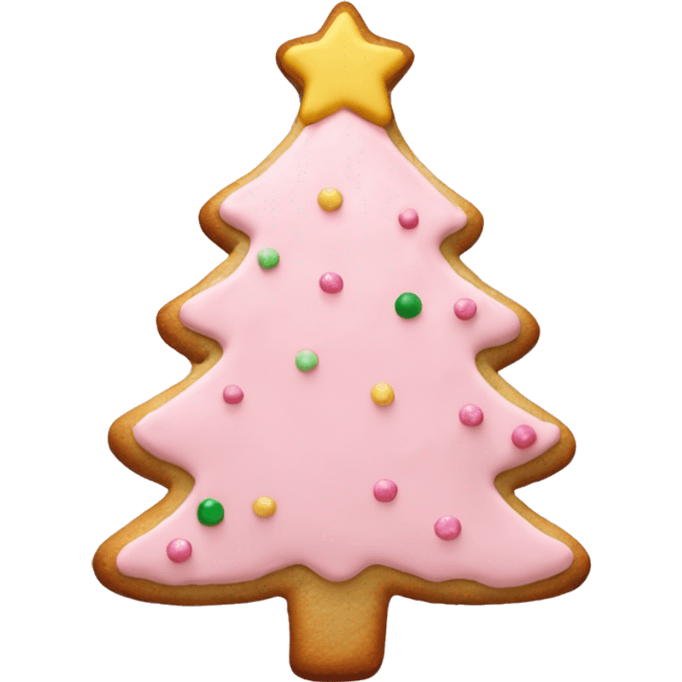 christmas tree cookie with light pink icing and light pink sprinkles and a pastel pink star  emoji