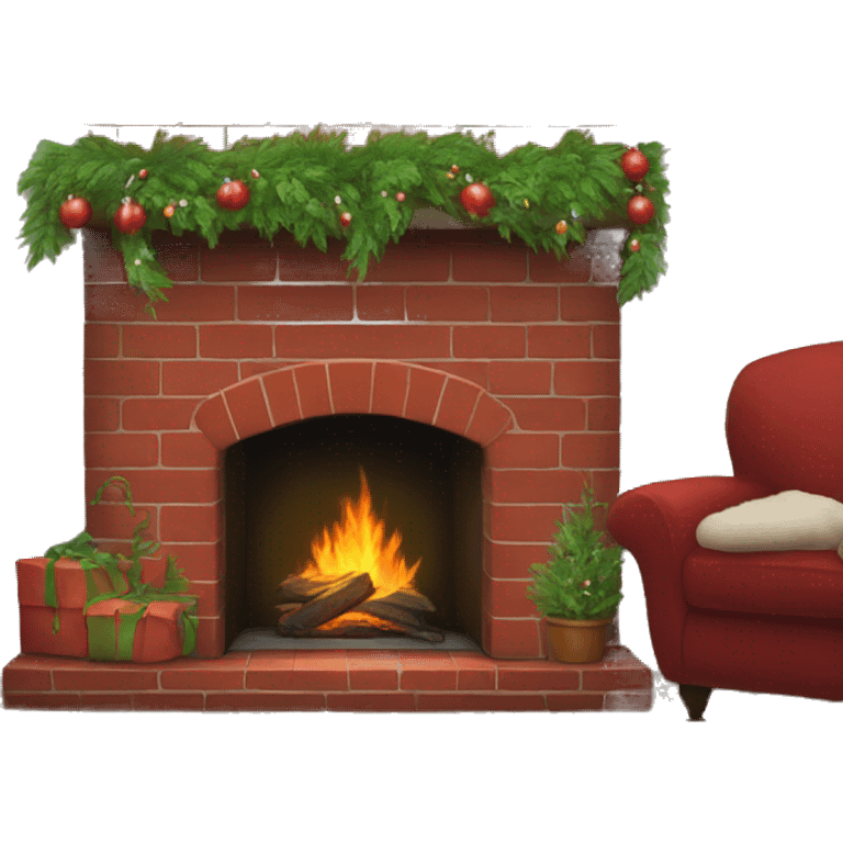 Red brick Fireplace decorated with greenery. stockings hanging  emoji