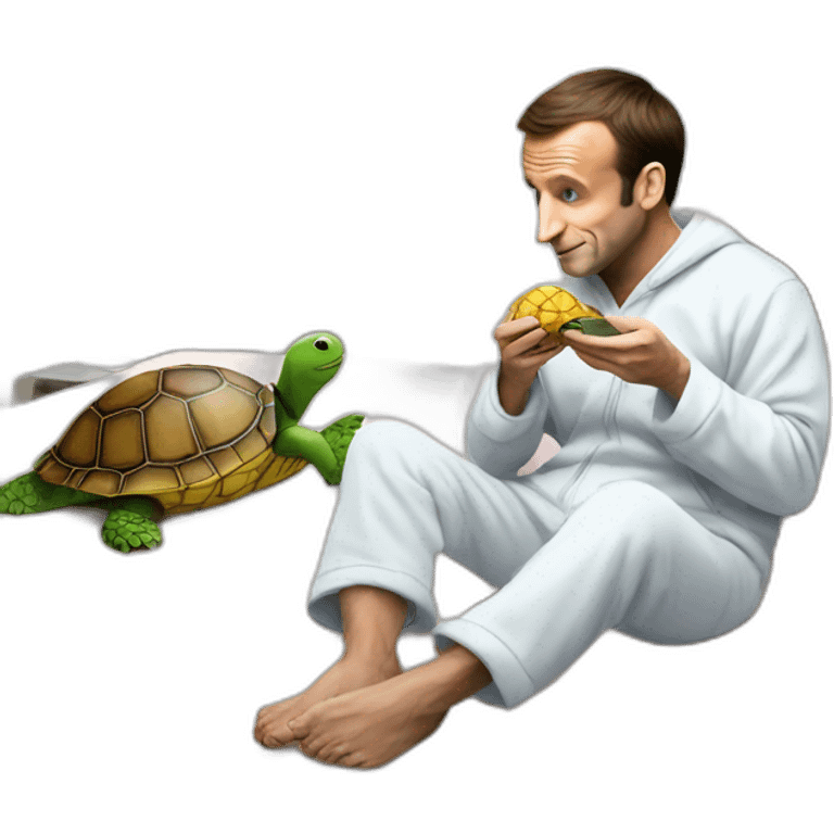 Emmanuel Macron in pajamas eating on a turtle emoji