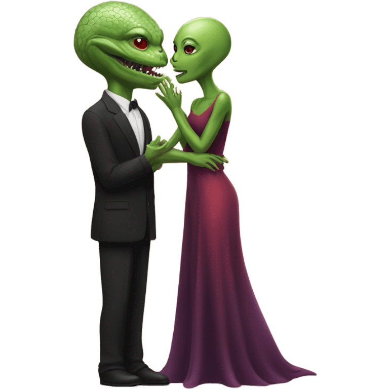 White man in black dress hugs and kissing Alien reptilian woman in red dress  emoji