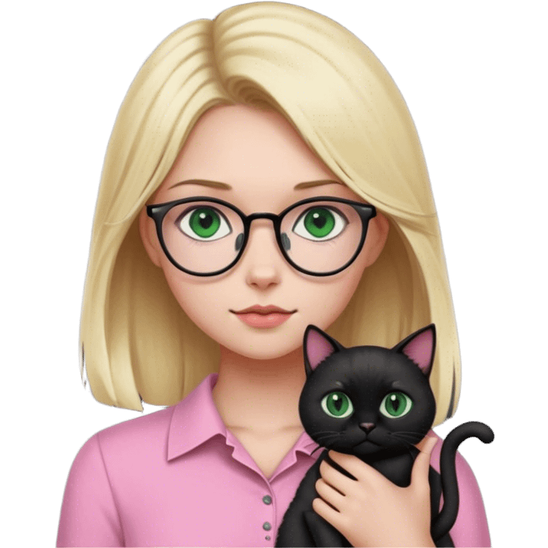 blonde girl wearing glasses and pink shirt with green eyes holding a black cat  emoji