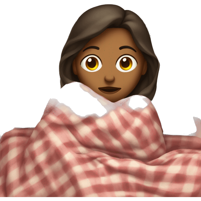 Brunette woman, laying in bed, wrapped in blankets, looking sick emoji