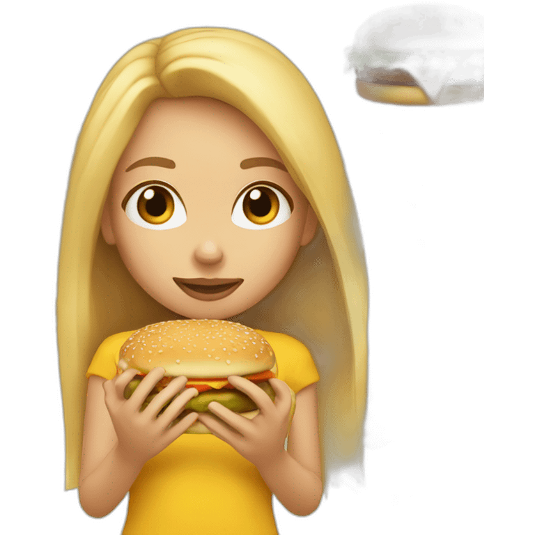 girl with straight, long, blonde hair eating a cheeseburger emoji