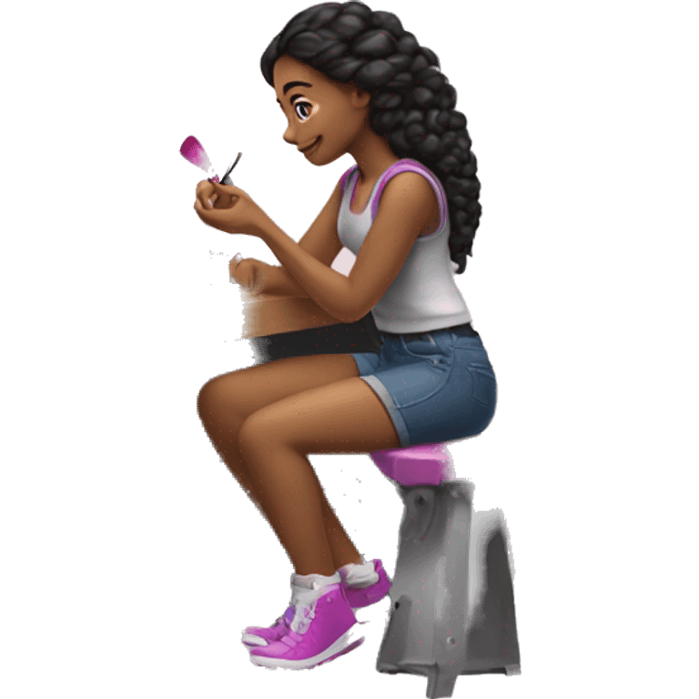 a girl, sitting near the workbench, putting nail polish on her nails. emoji