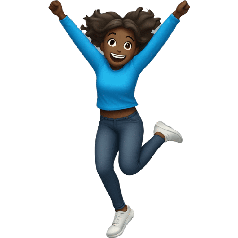 Girl of the back jumping in celebration, light dark skin and blue t-shirt  emoji