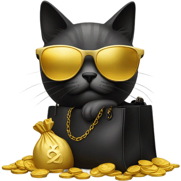 cat in brutal dark glasses with a bag of gold coins emoji