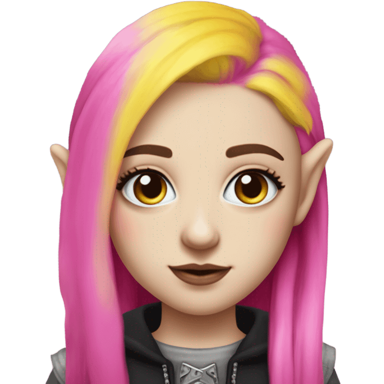 Blue eyed long eye lashes blonde and pink hair pale hime gyaru girl, hot pink and yellow split-dyed hair, nose ring, elf ears, dark makeup, punk clothes emoji