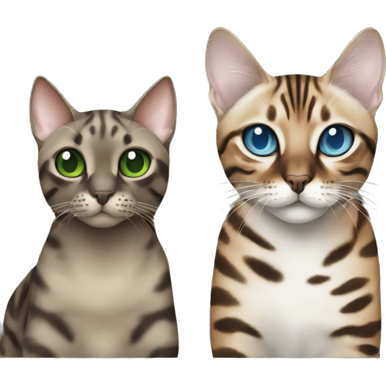 Seal Bengal cat with Blue eyes + charcoal Sepia bengal cat with Green eyes sit Next to each other  emoji