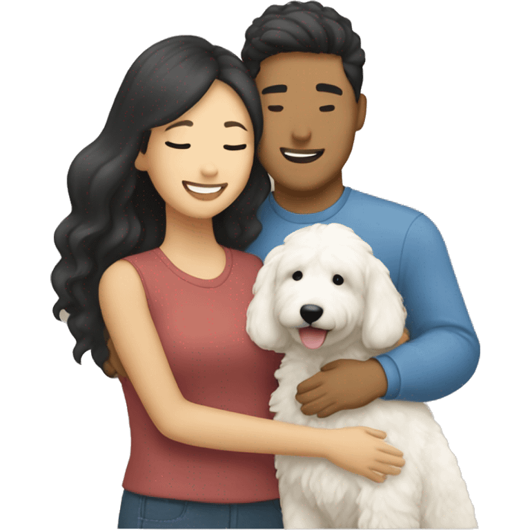 asian couple hugging with a white goldendoodle emoji