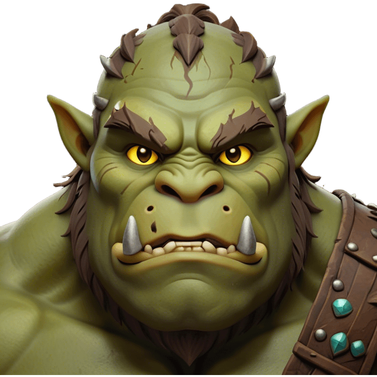 Cinematic Noble Ogre Portrait Emoji, Majestic and imposing, with a rugged, muscular form in deep earthy greens and browns, adorned with battle scars and subtle tribal markings, exuding calm, noble strength and unexpected wisdom, simplified yet strikingly detailed, glowing with a shadowy outline that captures the essence of a gentle giant with fierce heart! emoji