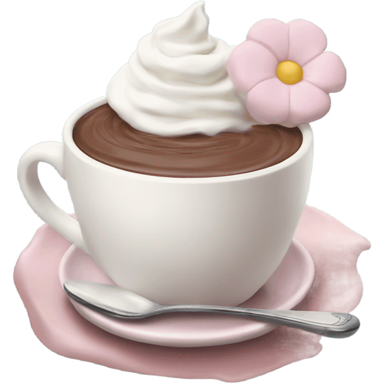 Hot chocolate with pale pink flower and whipped cream emoji