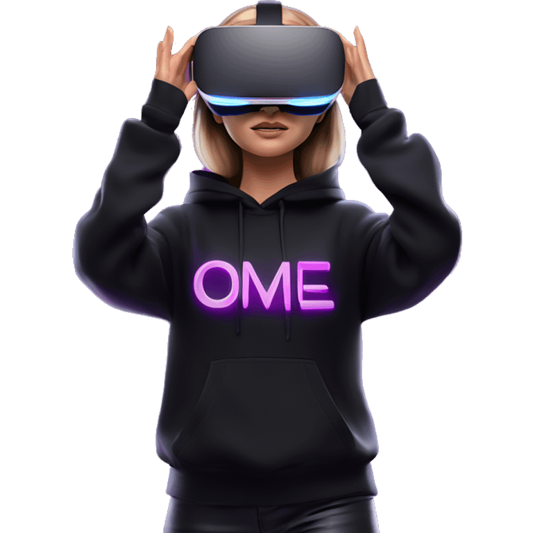 Russian girl wearing black hoody with violet letters "OMG", in vr headset oculus quest2. Standing like jedi. Cyberpunk style. Violet neon. emoji