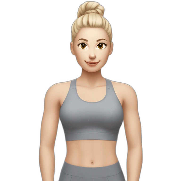 Pale skinned fit woman In a gray tight yoga suit and wristbands With ash blonde hair in a bun doing yoga emoji