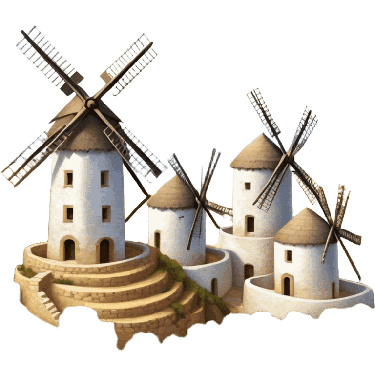 ​Cinematic Realistic Spanish Windmills (Mota del Cuervo), depicted as a cluster of gracefully aged windmills with weathered whitewashed facades and rustic wooden sails, standing proudly on a sunlit, rolling hillside of golden fields and olive groves, rendered with intricate textures and soft natural lighting that captures the timeless rural charm and historical significance of the Spanish landscape, emoji