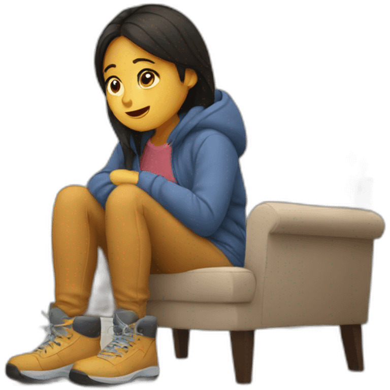 Girl sit at home because winter and cold emoji