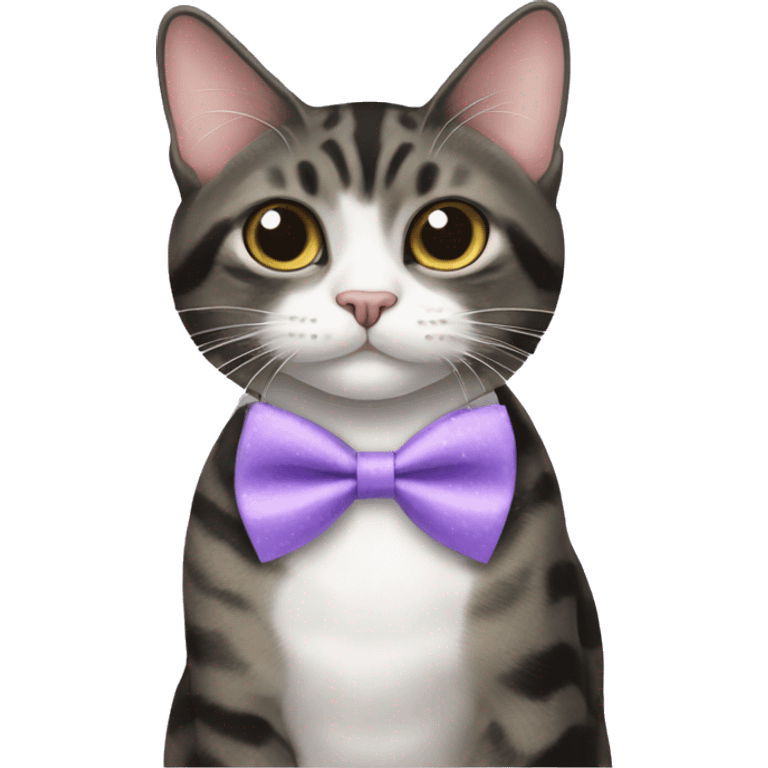 black mackerel tabby cat with a lavender bowtie emoji