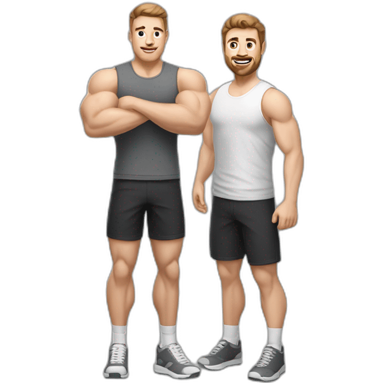 Full height realistic Actively gesturing with hands Pale skinned Fit Man With the biceps and brown hair in dark gray Sleeveless Mike, black oversize sports shorts, watch and white Sneakers emoji