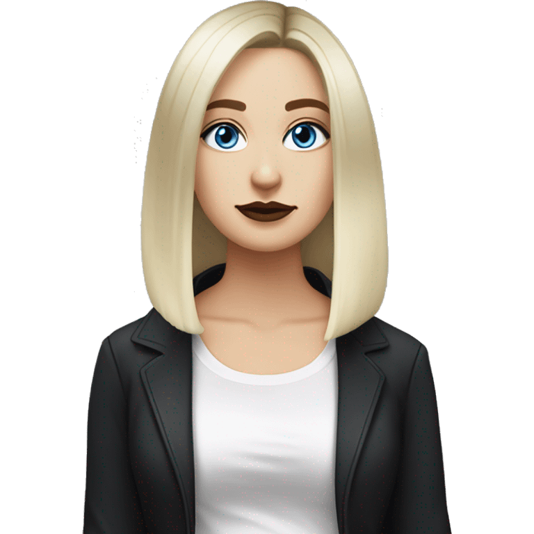 Slavic adult woman, goth eyes makeup, blue eyes, medium bob black-to-blonde ombre straight hair, white T-shirt and black office jacket. emoji