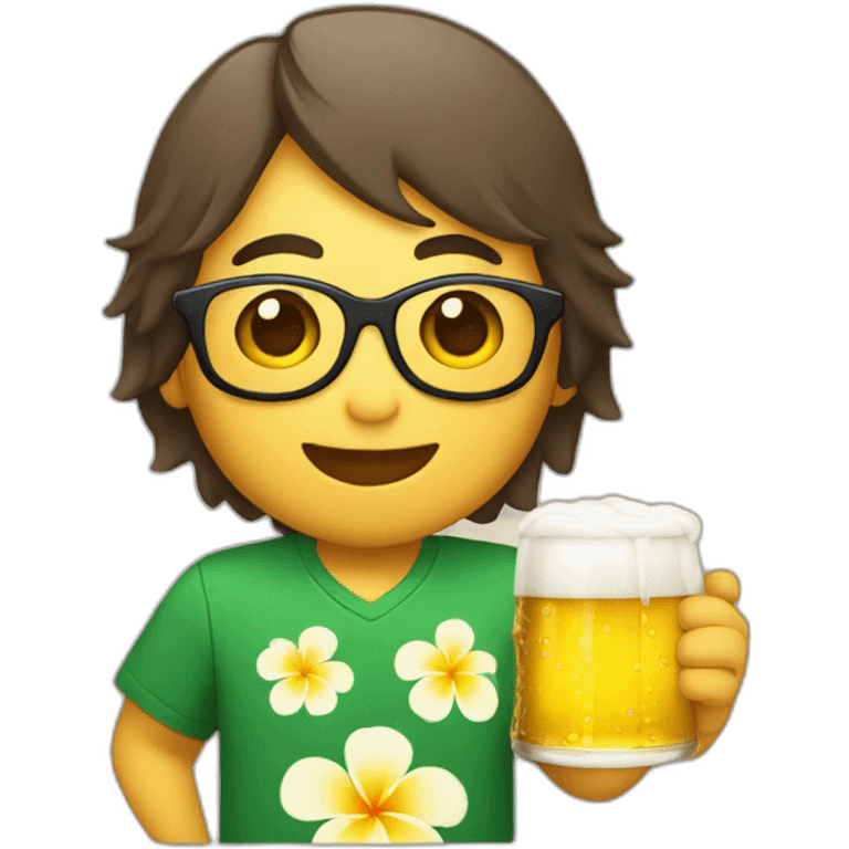 Japanese wearing roundglasses alohashirt is holding beer emoji