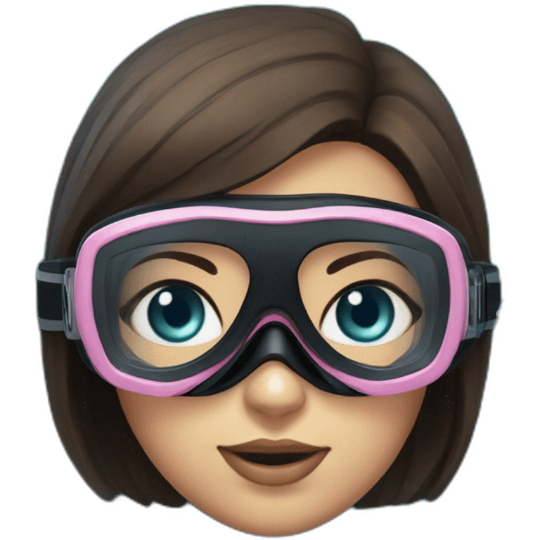 woman with blues eyes, large and straight brown hair, pink diving mask with a single crystal. underwater black suit emoji