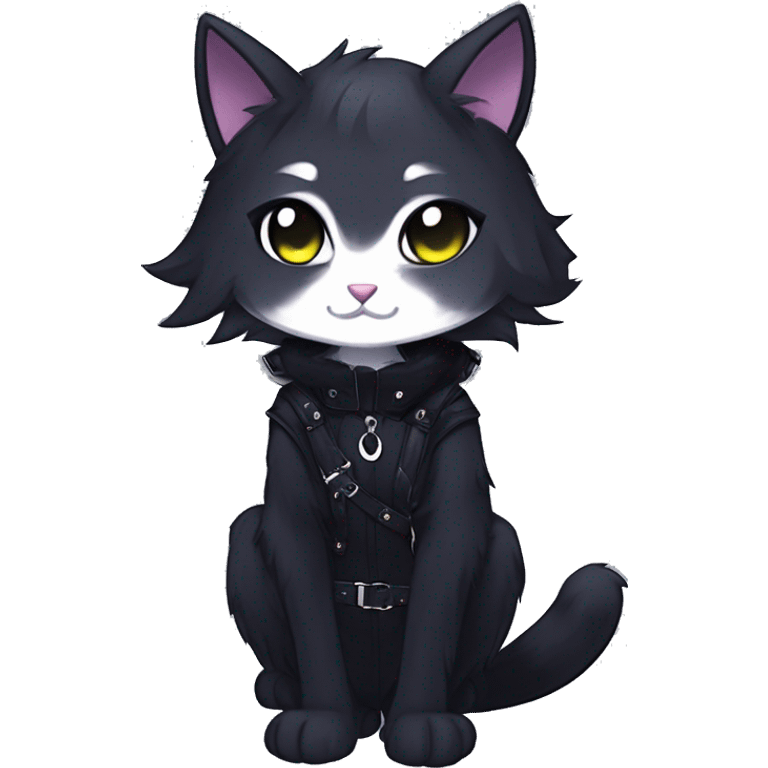 Gorgeous furry gothic dark techwear anime style anthro black cat furry sona Fakemon with blushing face aesthetic and pretty edgy black with collar and harness trending style emoji