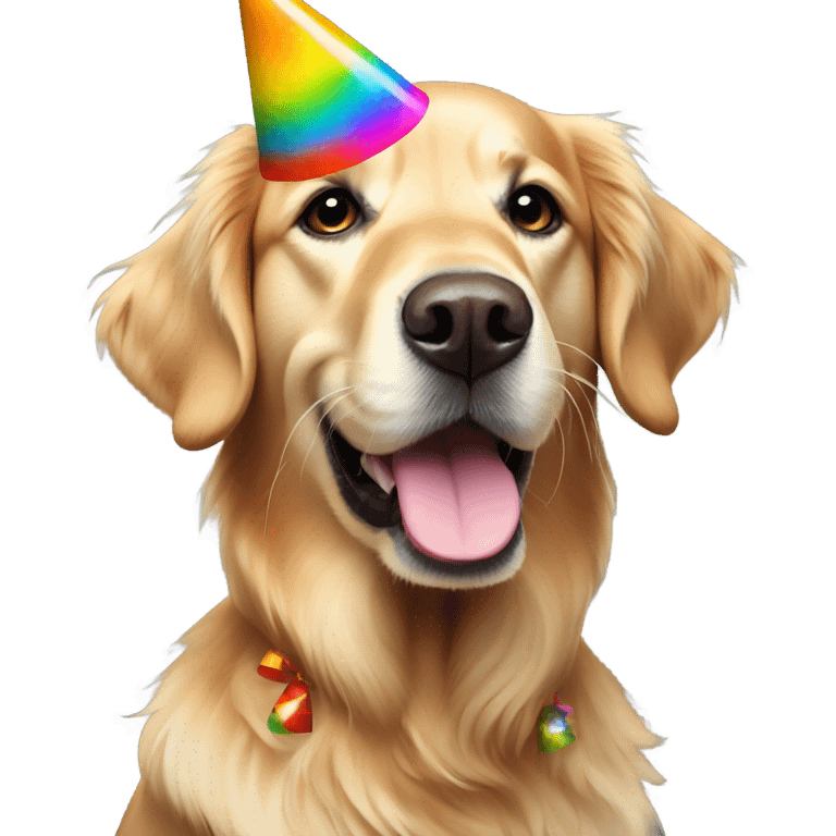 Golden retriever wearing a birthday hat emoji