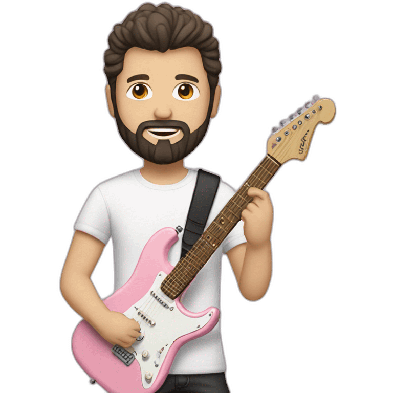 white man with dark beard and black t shirt and pastel pink stratocaster electric guitar emoji