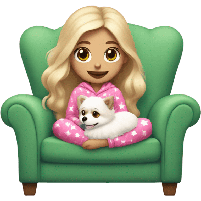 Girl blonder long hair mauve pink plump lips green eyes sitting in cozy chair wearing red and pink heart design on pjs holding a white Pomeranian emoji