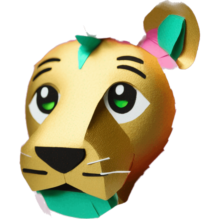 lion made of colourful cyan pink gold piñata paper strips with green eyes emoji