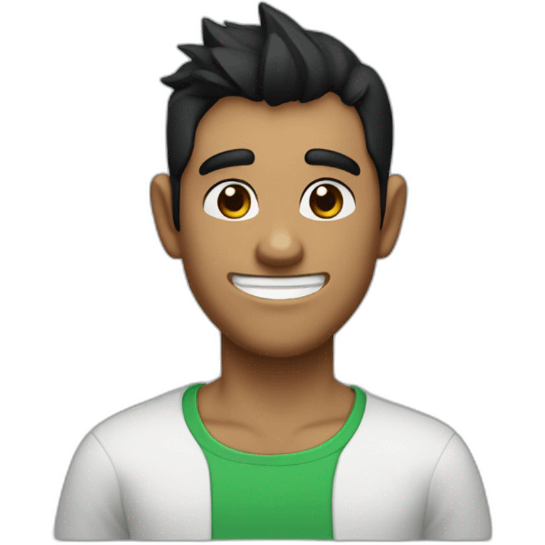 An imp with black hair and brown eyes and a smile in a green shirt with a white T-shirt and with dark brown horns on his head that turn blue at the ends emoji