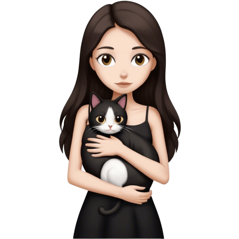 Beautiful skinny woman long dark brown hair in dark dress hug black and white cat emoji emoji