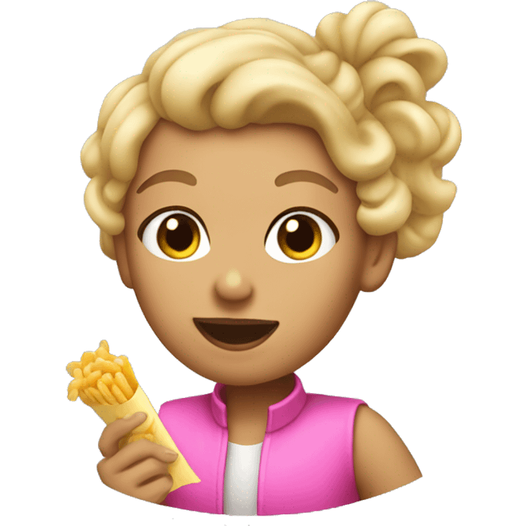 Tan girl with blonde hair  with hee hair up in a pink vest eating macaroni  emoji