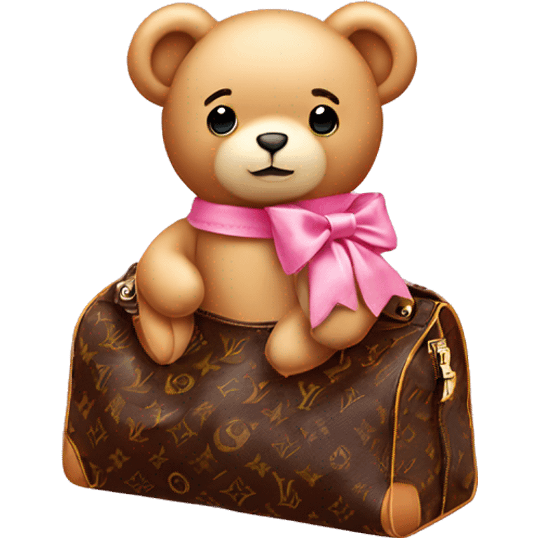 pink bow teddy bear solo looking out of louis vuitton  bag emoji