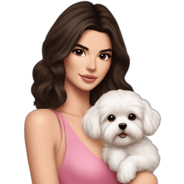 brunette Kendall Jenner with long hair holding white maltipoo in pink dress emoji