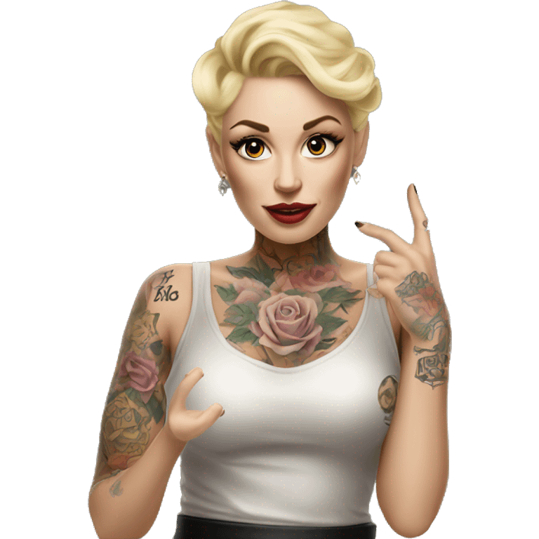 Blonde elegant women, her Body Covered with Tattoos, POINTING to YOU FORWARD with her ONE HAND , Hyper realistic emoji