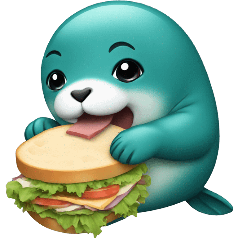 teal-coloured seal eating a sandwich emoji