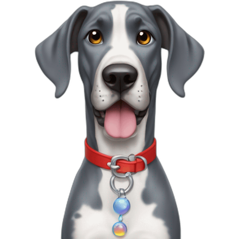 Great Dane, Blue, with red collar, happy, with a smile and bubble that reads”yes Please” emoji