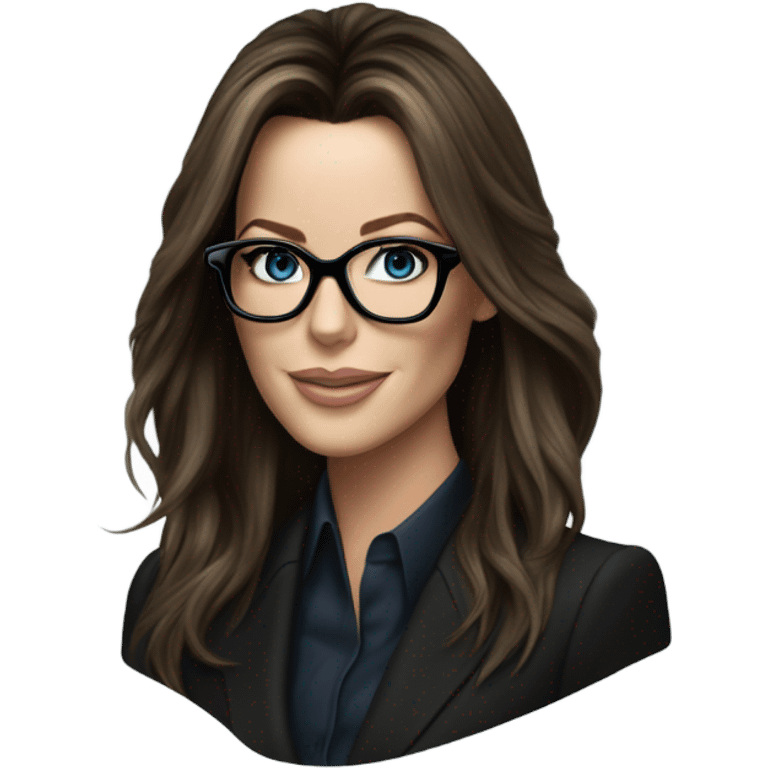 Hyper Realistic photo Kate Beckinsale blue eyes wearing glasses in a business meeting black dress emoji