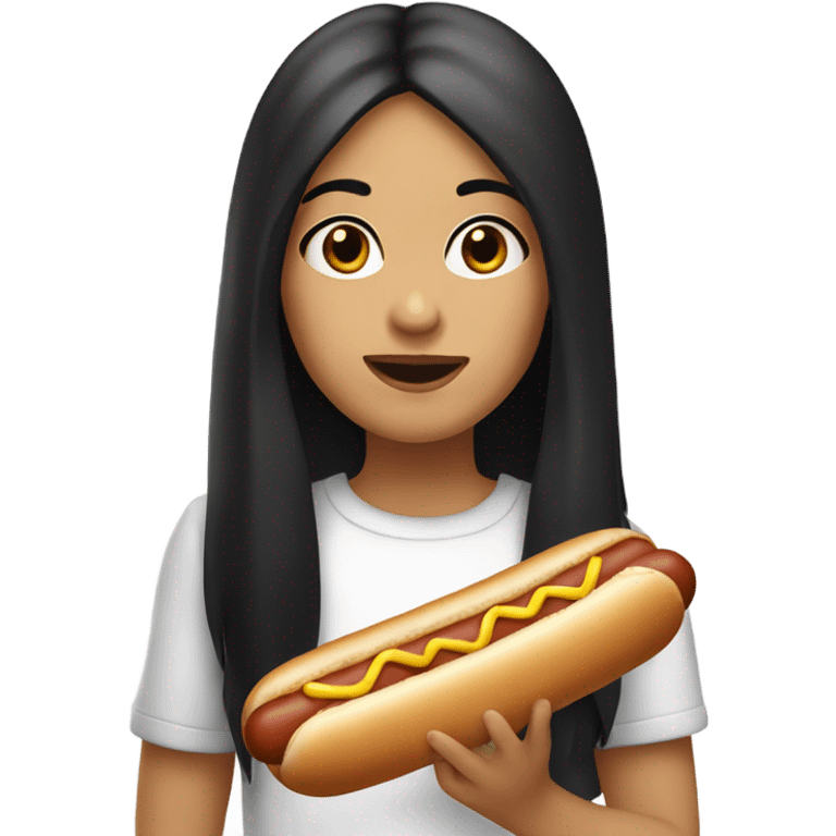 white italian girl with long black hair, brown eyes, eating hot dog emoji