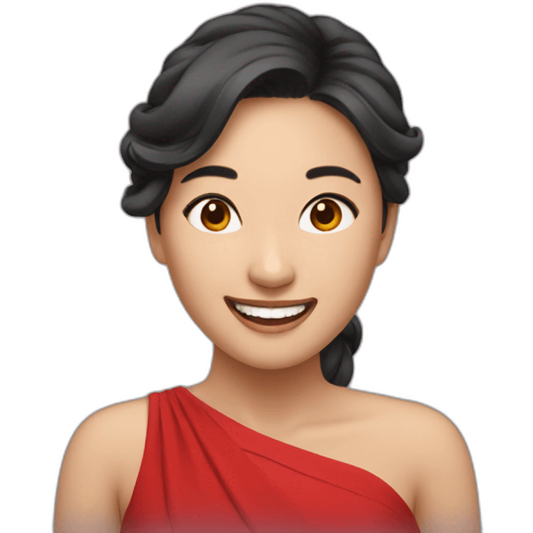 Beautiful Asian woman with red dress and who laugh emoji