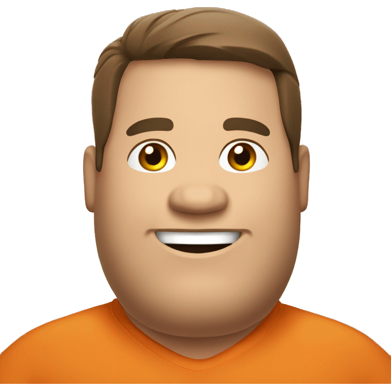 fat man, brown hair and brown eyes smiling, orange shirt, crossing arms, funny emoji