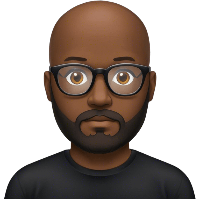 Dark skinned bald guy with black glasses , beard , and black shirt emoji