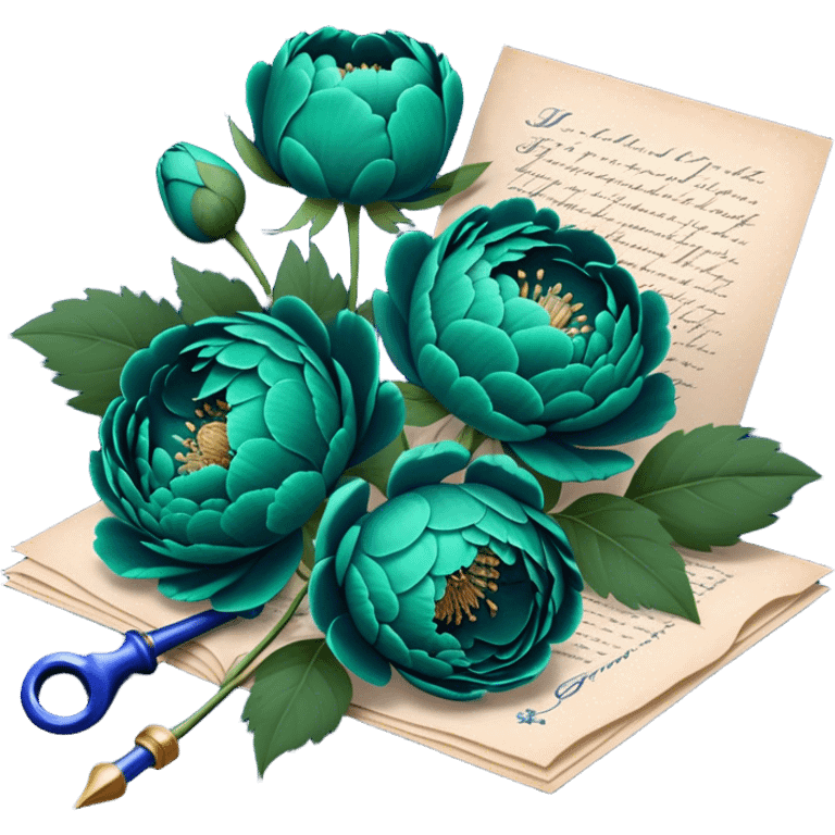 A charming arrangement of deep green peonies placed beside an old blue love letter with an intricate navy blue wax seal. emoji