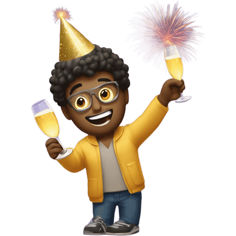 A dude celebrating new year, with a party hat that says 2025 and a glass of champagne in his hands, and add fireworks in the background emoji