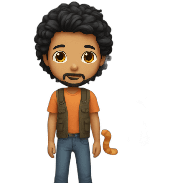 Boy with black hair and beard plaing with ginger cat emoji